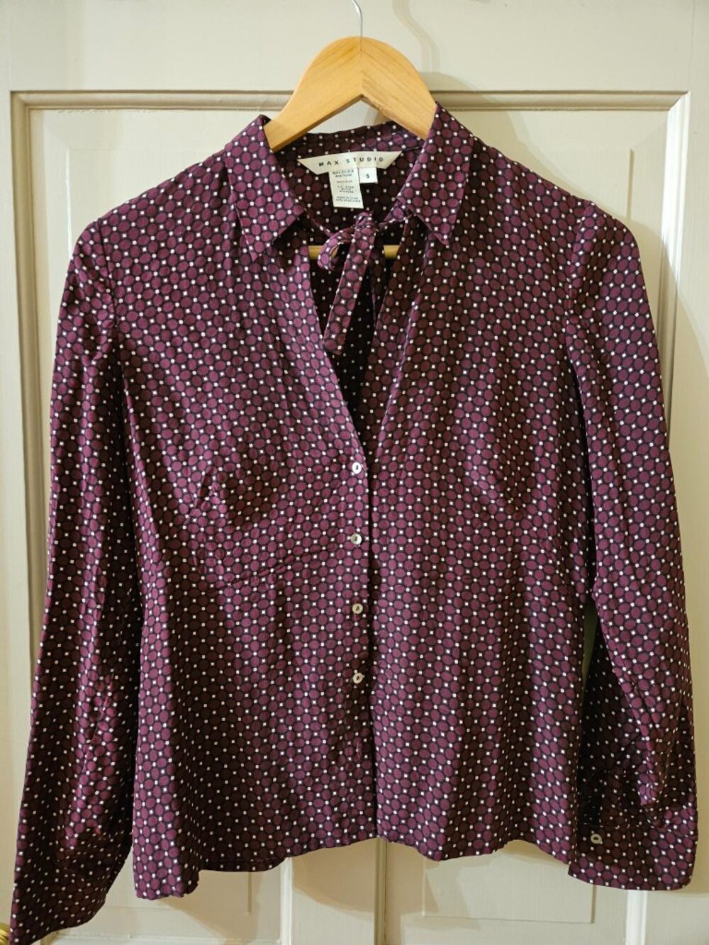 100% Silk Geometric Print Tie Neck Shirt